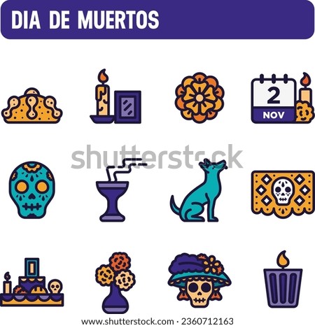 Day of the dead icons. Mexican tradition vector set, November 1 and 2. Color icon design.