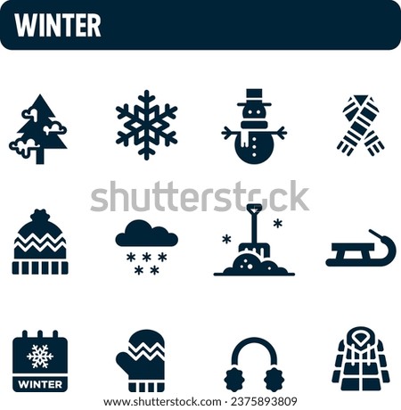 Winter icons. Winter solstice vector set. Filled icon design. Cold and snow season.