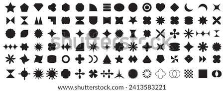 Brutalist abstract geometric shapes. Futuristic Y2K graphic icons. Collection of different graphic elements, star, sparkle, shapes, spheres, icons, frame, graphic design, poster, merch, flyers. EPS10