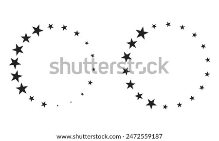 Stars of various sizes arranged in a circle. Round frame, border. Black star shape, simple symbol. Design element, ornament. Vector illustration