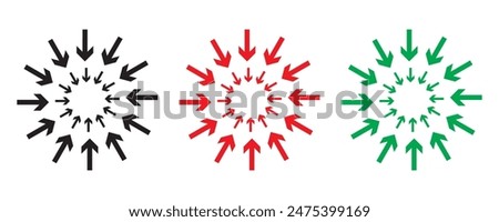 Radial inward arrow icon set. Inward arrows silhouette shape icon. Arrow pointing center vector on white and black background. vector illustration.