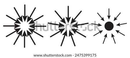 Radial inward arrow icon set. Inward arrows silhouette shape icon. Arrow pointing center vector on white and black background. vector illustration.