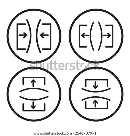 Compress icon set. pressure suspension bounce vector symbol. push shrink sign. flexible elastic symbol. reduce shock icon in black filled and outlined. isolated on white and black background. EPS 10.