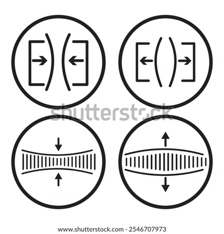 Compress icon set. pressure suspension bounce vector symbol. push shrink sign. flexible elastic symbol. reduce shock icon in black filled and outlined. isolated on white and black background. EPS 10.