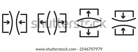 Compress icon set. pressure suspension bounce vector symbol. push shrink sign. flexible elastic symbol. reduce shock icon in black filled and outlined. isolated on white and black background. EPS 10.