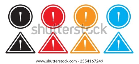 Attention Icon Set. Danger Caution or Alert Risk Warning Vector Symbol in a black filled and outlined style. Safety Notice Sign.