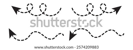 Set of hand drawn thin dash line arrows. Collection of curved pointers. Black dot vector pointers pointing in different directions. Simple design elements of signpost showing confusing complex path.