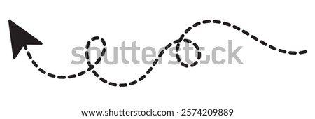 Set of hand drawn thin dash line arrows. Collection of curved pointers. Black dot vector pointers pointing in different directions. Simple design elements of signpost showing confusing complex path.