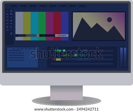 Video production, Editing white Desktop icon, Video Editing timeline window software, Editing mixer, video workshop, Video software on white computer screen, Videomaking editing equipment
