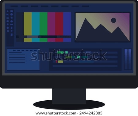 Video production, Editing Black Desktop icon, Video Editing timeline window software, Editing mixer, video workshop, Video software on Black computer screen, Videomaking editing equipment