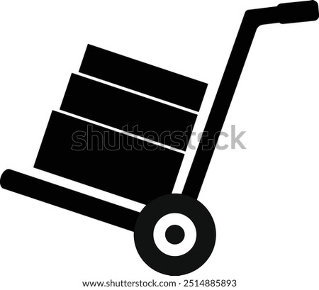 Hand Truck Trolley, Man with trolley wheels shipment, Loading and Unloading boxes on truck, Man carrying heavy goods, Man delivery cart for delivery, Hand truck dolly Black icon