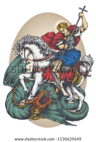 Vector illustration of saint george riding white horse fighting dragon