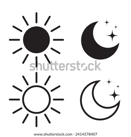 Sun and moon icon vector set day and night icon, Weather conditions set icon. Cloud, cloudy, sun, rain. dark and light mode icons, Screen brightness and contrast level signs and symbols for app user.