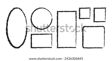 Chalk rectangle and oval frames set. Grunge black text frame. Ink empty rectangle stamp. Hand drawn pencil square and circle borders. Vector illustration isolated on white background