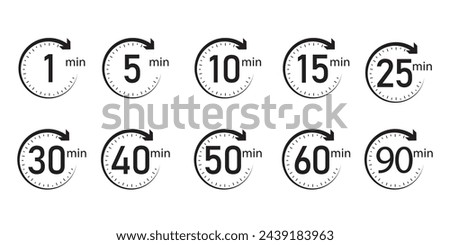 set of timer Timer, clock, stopwatch isolated set icons. Kitchen timer icon with different minutes. 1, 5, 10, 15, 20, 25, 30, 40, 50, 60, 90, min. Cooking time symbols. Great design for any purposes.