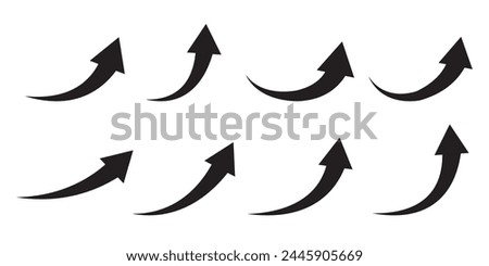 Arrow up icons. Set of curve rise increase arrows. Growth pictogram isolated. Vector illustration.