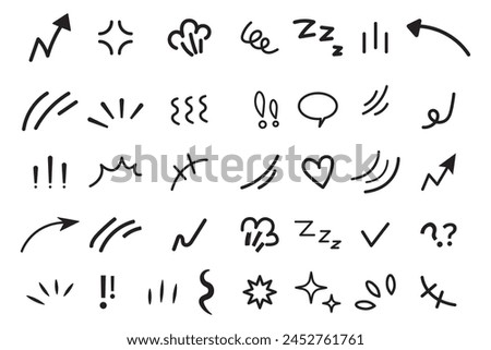 Line movement effect element, cartoon emotion effect decoration icon. Hand drawn cute doodle line element arrow, emphasis, shock, sparkle. Anime movement