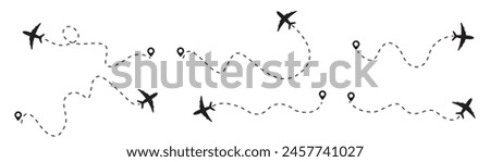 Airplane Plane routes line set. Planes dotted flight pathway. Plane paths. Aircraft tracking, planes, travel, map pins, location pins .start point line trace and plane routes.