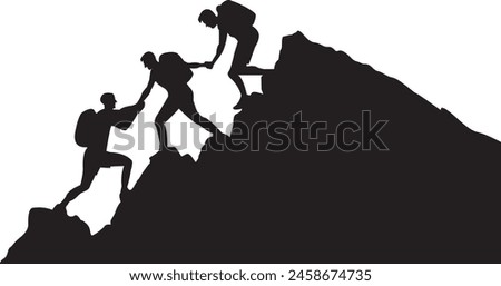 Silhouette of three people hiking climbing mountain and helping each other on top of mountain, helping hand and assistance concept vector