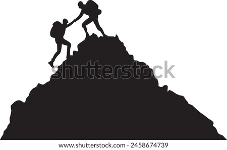 Silhouette of two people hiking climbing mountain and helping each other on top of mountain, helping hand and assistance concept vector