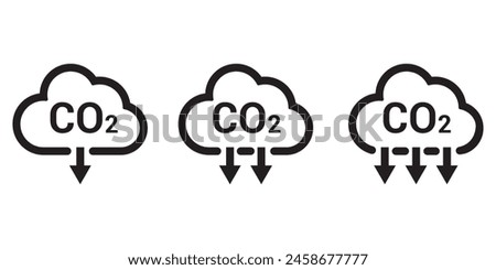 Reduce co2 gas icon set. carbon reduction cloud sign. cut co2 pictogram. zero carbon emission. zero greenhouse gas low co2 logo. Carbon dioxide emissions. Simple linear vector illustration.