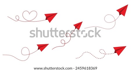 Realistic paper planes collection. Paper plane icon. Heart shaped Flying paper airplane with dotted air route and envelope. Paper planes, red planes with dotted route line.