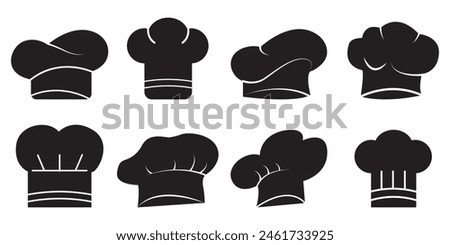 Chef hat flat icon set. Chef hat black vector illustration, chef hat silhouettes, kitchen silhouettes.