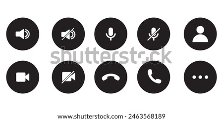 Phone calling icon set. Streaming icon set. Video call buttons set. Collection of internet conversation buttons. Camera, handset, microphone, speaker, message, and profile vector