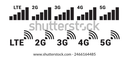 Signal reception bar collection, 2g, 3g, 4g and 5g vector icons set. Mobile communication. Internet signal.  no full range or signal icon set