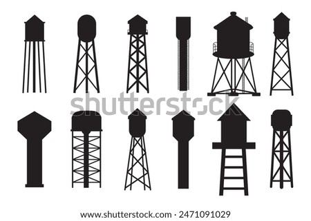 Water tank vector icon set, Water tower icons set, Water storage reservoir tank icon.