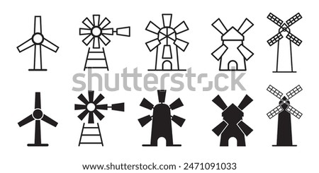 Windmill, turbine icon, Windmill logo vector, Mill icon set in black filled and outlined style.