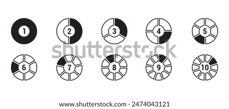 Hollow circle divided into 1-10 parts icon set in black and white color with outline. pie chart shape section Hollow circle segment diagram graph icon chart in black on white background