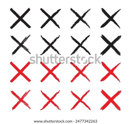 set of cross x vector icon. Grunge cross icons., scribble ink grunge cross icons, no wrong symbol. delete or false, vote sign. Red X on white background.