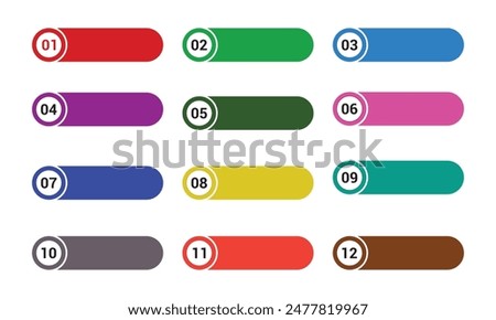 Set of Modern bullet points number 1 to 12, Bullet points with with color stickers and cope space, colorful text boxes. Web element. Vector illustration.