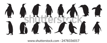 Black silhouettes of penguins set on a white background, silhouette penguin different pose walking and skating,