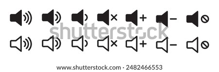 Sound volume icons set with different signal feel and outline levels on white background. Sound icon, volume symbol, speaker sign, audio control icon set.