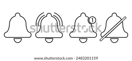 Notification bell outline icon set, On and off alarm and message. Set of ringing bells with new notification.