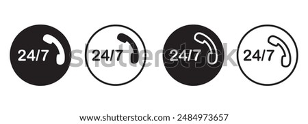 24 7 Emergency call services vector line icon, 24h call assistance vector logo symbol in black filled and outlined style. use for apps and websites UI designs style.