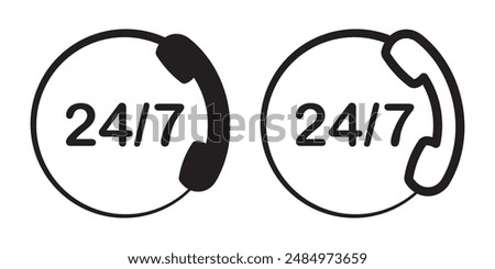 24 7 Emergency call services vector line icon, 24h call assistance vector logo symbol in black filled and outlined style. use for apps and websites UI designs style.