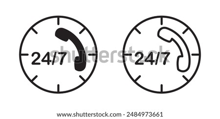 24 7 Emergency call services vector line icon, 24h call assistance vector logo symbol in black filled and outlined style. use for apps and websites UI designs style.