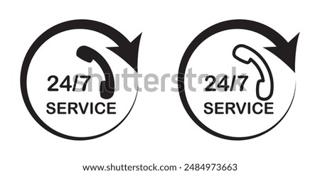 24 7 Emergency call services vector line icon, 24h call assistance vector logo symbol in black filled and outlined style. use for apps and websites UI designs style.