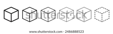 cube vector icon set, block, box or brick logo. Dotted, dashed, outline, solid isolated illustrations. Square three-dimensional frame.