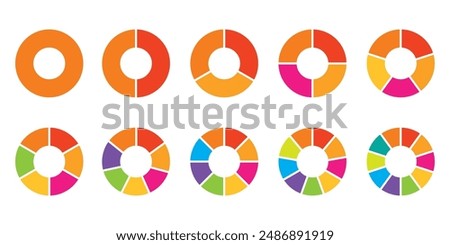 Set of infographic circle chart, pies segmented with equal parts,  Wheels divided in eleven sections. Circle section graph, Pie chart round. Loading bar set diagram multicolored collection.