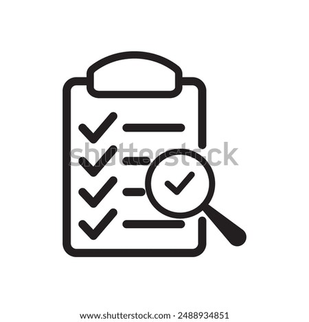 clipboard task with magnifying glass icon, Tasks. Clipboard icon. Task done. Document icon. compliance icon, quality check line sign, Check Mark sign. Completed tasks. Survey. Extra options.