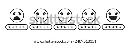 Feedback star rating emoji icon set. Five-star rating emoji icon set. Emoji feedback scale with stars line icon. Rating emojis set in black color outline., 