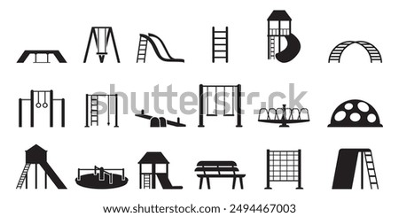 Kid playground icons set. Outline set of kid playground vector icons, Kindergarten outdoor recreation area icons set , children play. City playground.