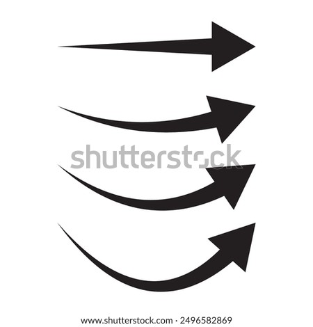 Black arrow icon isolated on white background. Horizontal long straight, right side arrow signs. Curved and straight arrow icon vector.