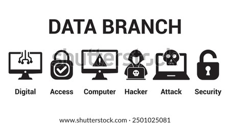 data branch software development icon set, data, security, computer, access, attack, hacker, digital infographic presentation concept icon set, programming computing server.