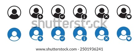 User icon collection. Person profile avatar with plus, check mark, user information, heart, Add user. Add account symbol. Person profile avatar vector illustration.