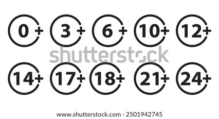 Age limit sign set. Adults content only age restriction. 0, 3, 6, 10, 12, 14, 17, 18, 21, 24 plus years old icon, Censure warning age plus. Vector illustration.